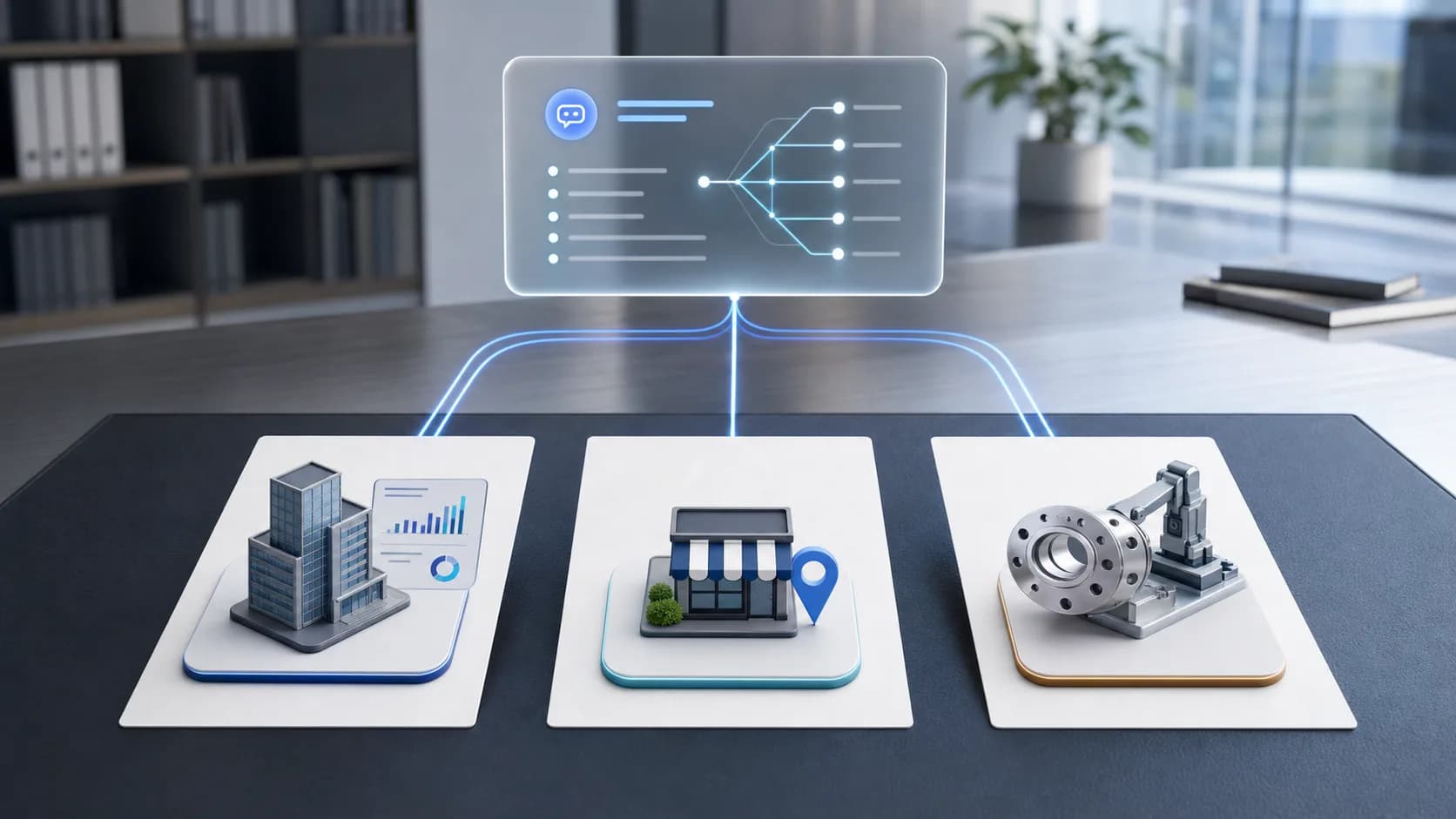 Illustration of an AI question tree branching toward industry evidence tiles on a desk